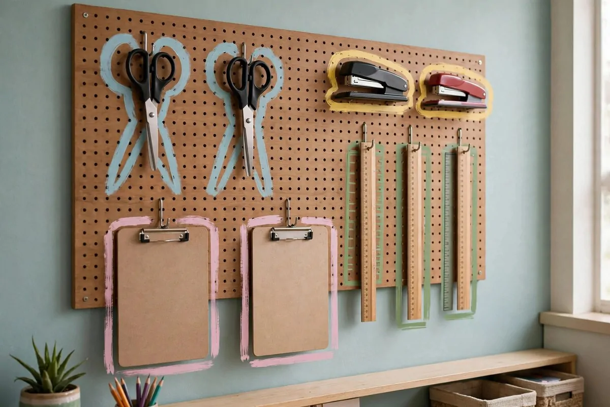 Wall pegboard with classroom tools hanging on hooks