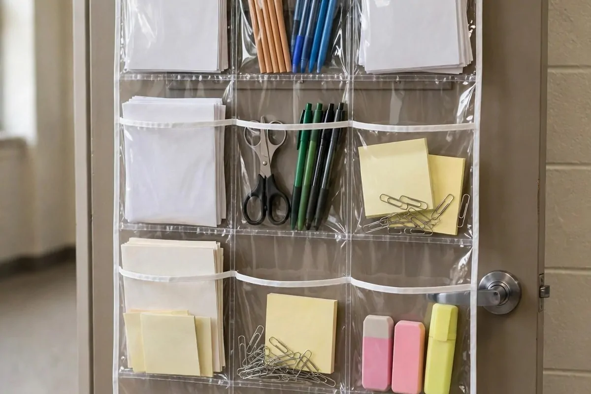 Clear hanging pocket organizer over a classroom door