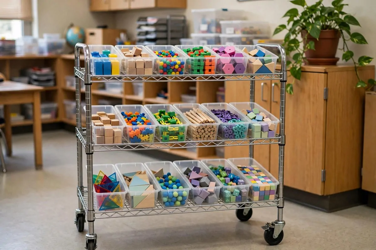 Three-tier rolling cart loaded with learning center materials