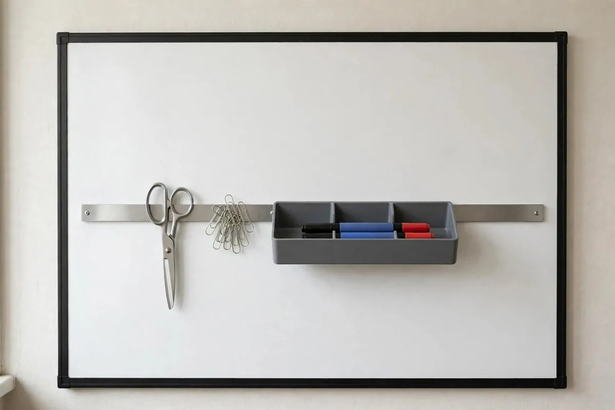 Whiteboard with a magnetic strip holding classroom tools