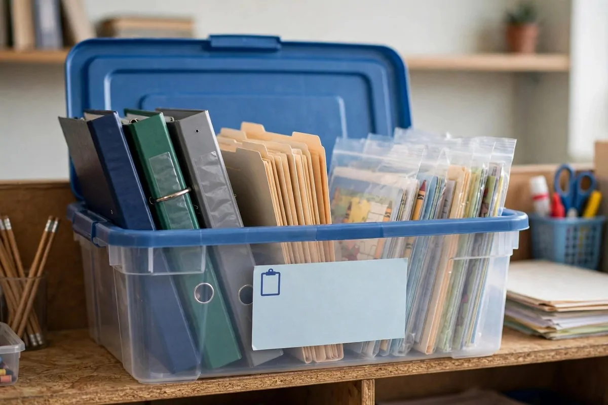Substitute teacher tub with lesson plans and activity packets