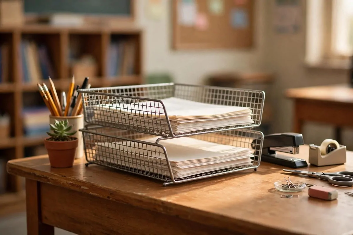 Inbox and outbox trays on a teacher's desk