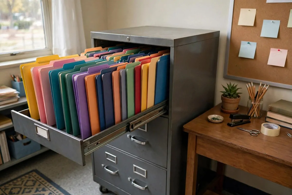 Filing cabinet with colorful hanging folders