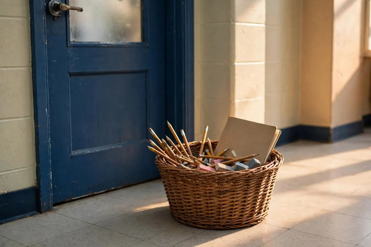 Woven basket by the classroom door for lost items