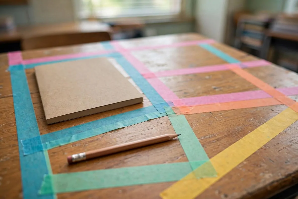 Student desk top divided with colorful washi tape zones