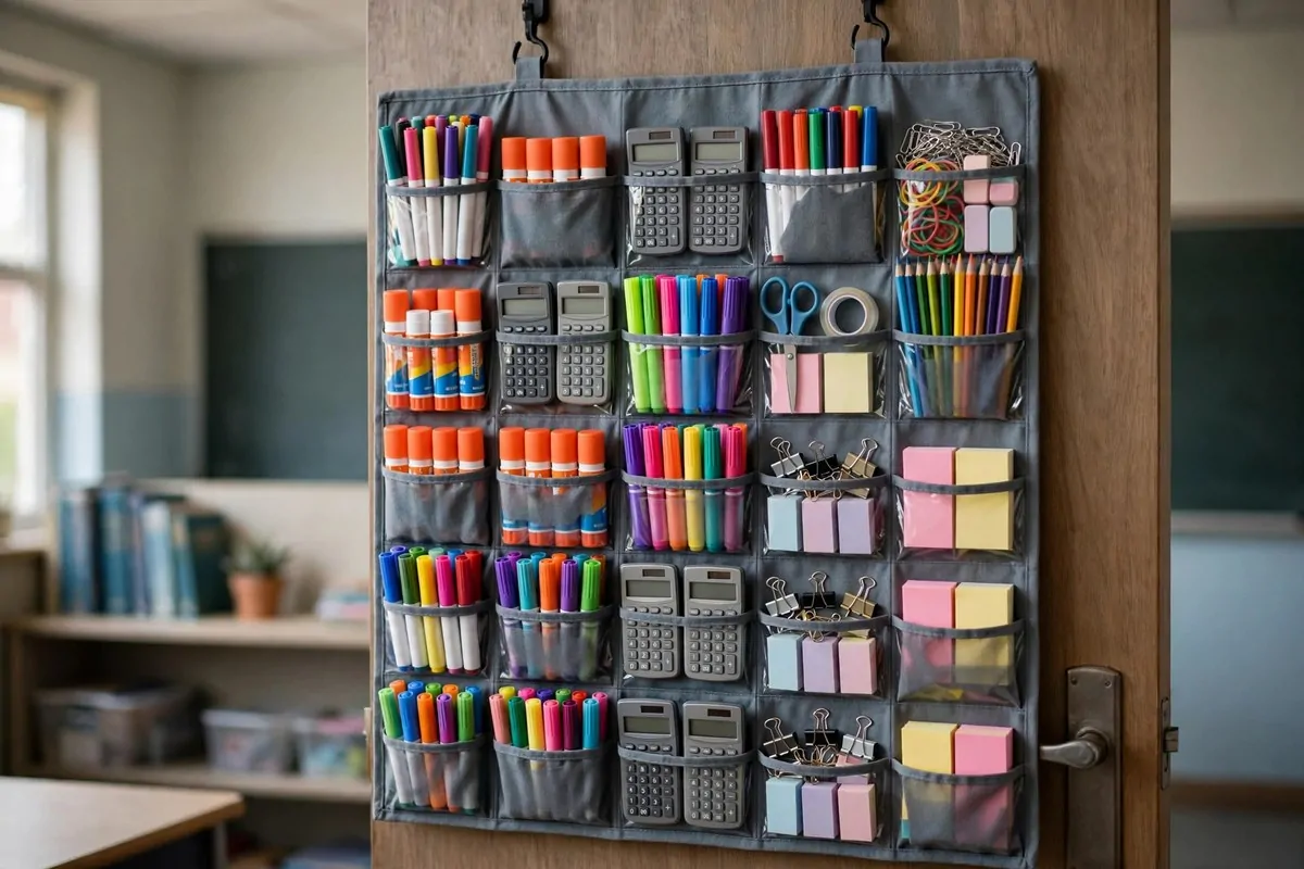 Over-the-door organizer filled with classroom supplies