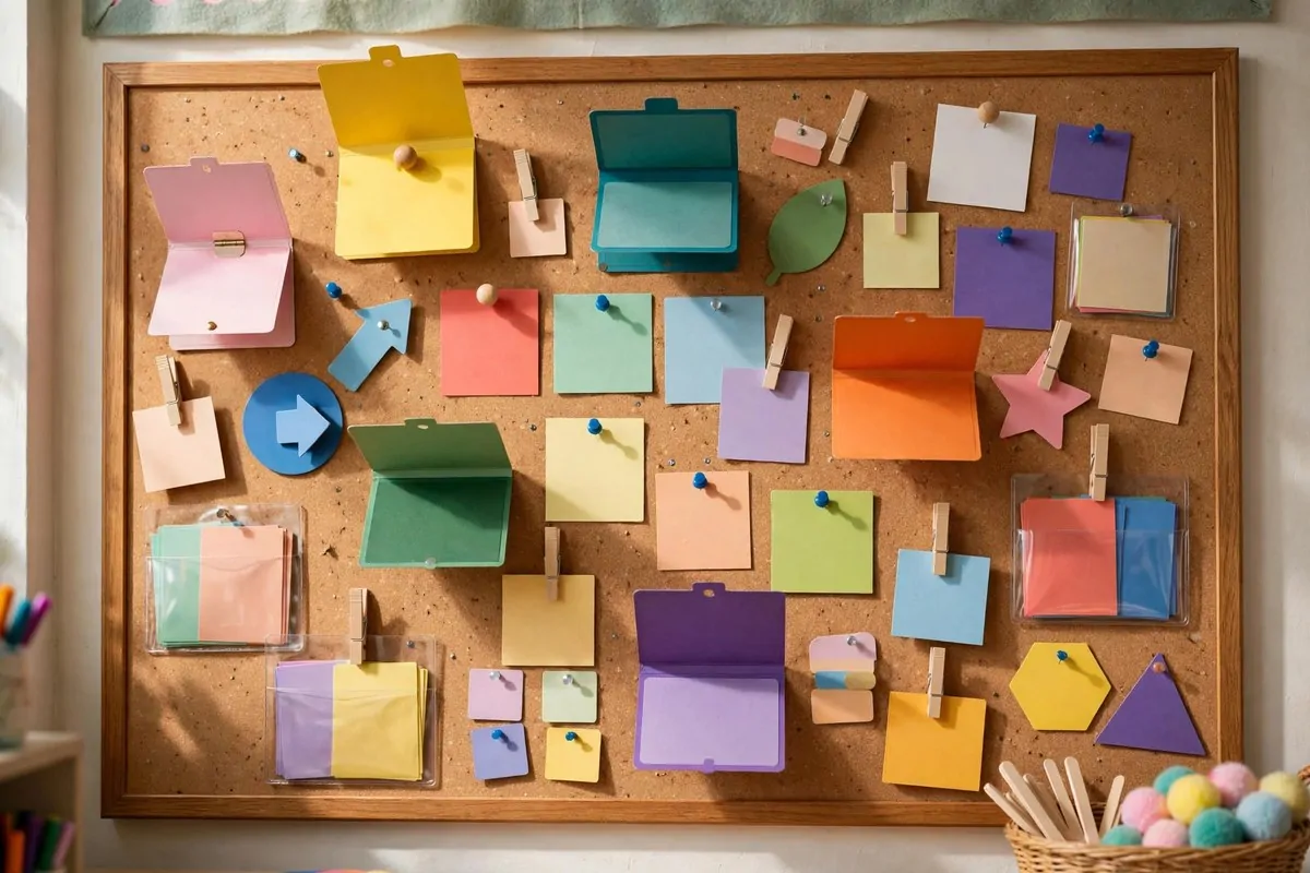 Interactive bulletin board with movable learning cards