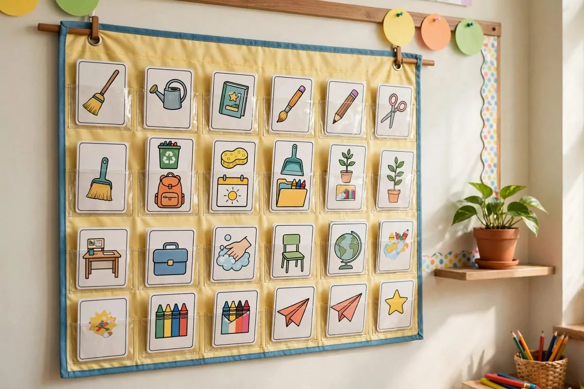Classroom job chart with pockets and task cards