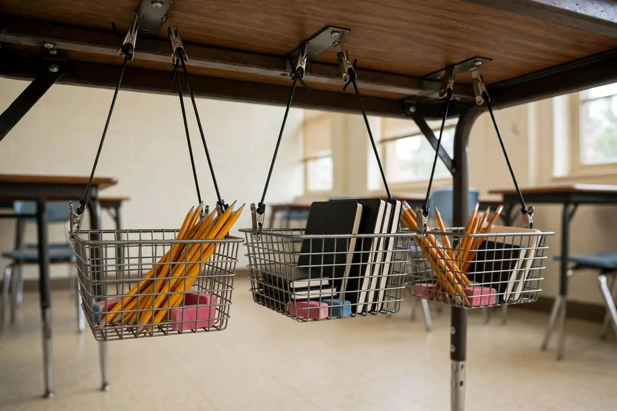 Wire baskets hanging under a classroom desk