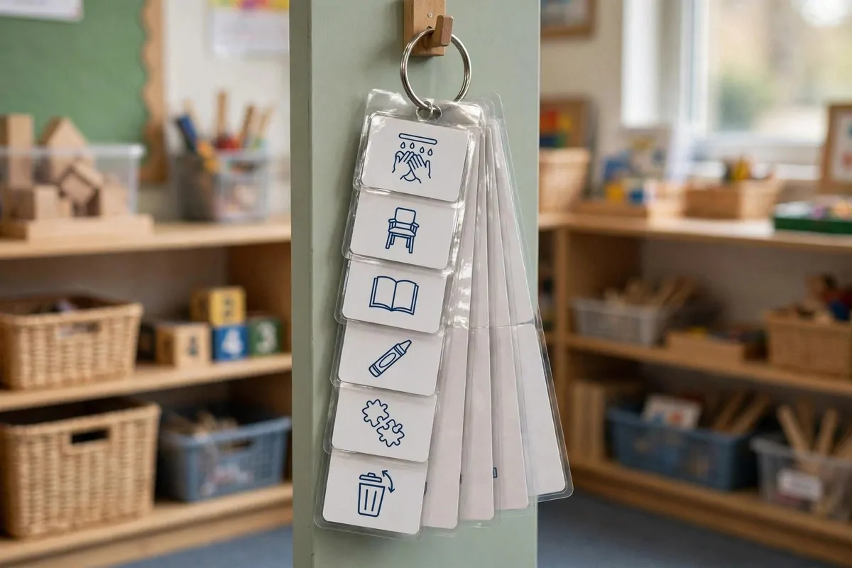 Laminated visual instruction cards on a ring at a learning center