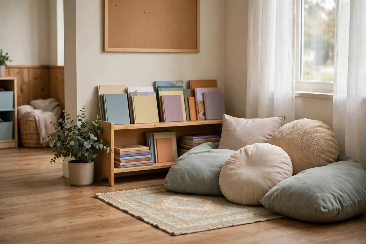 Calm classroom quiet corner with pillows and books