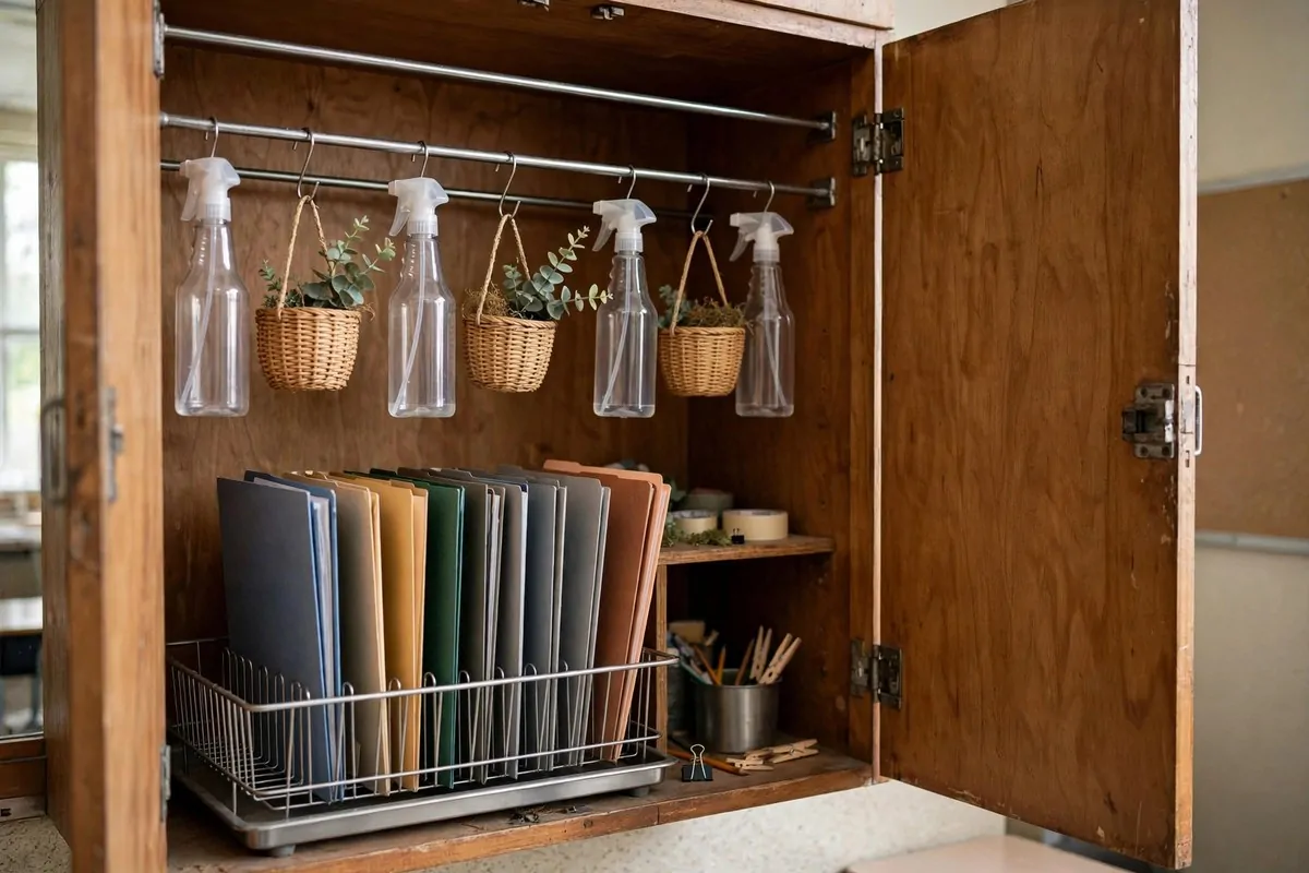 Cabinet with tension rods and sorted student folders