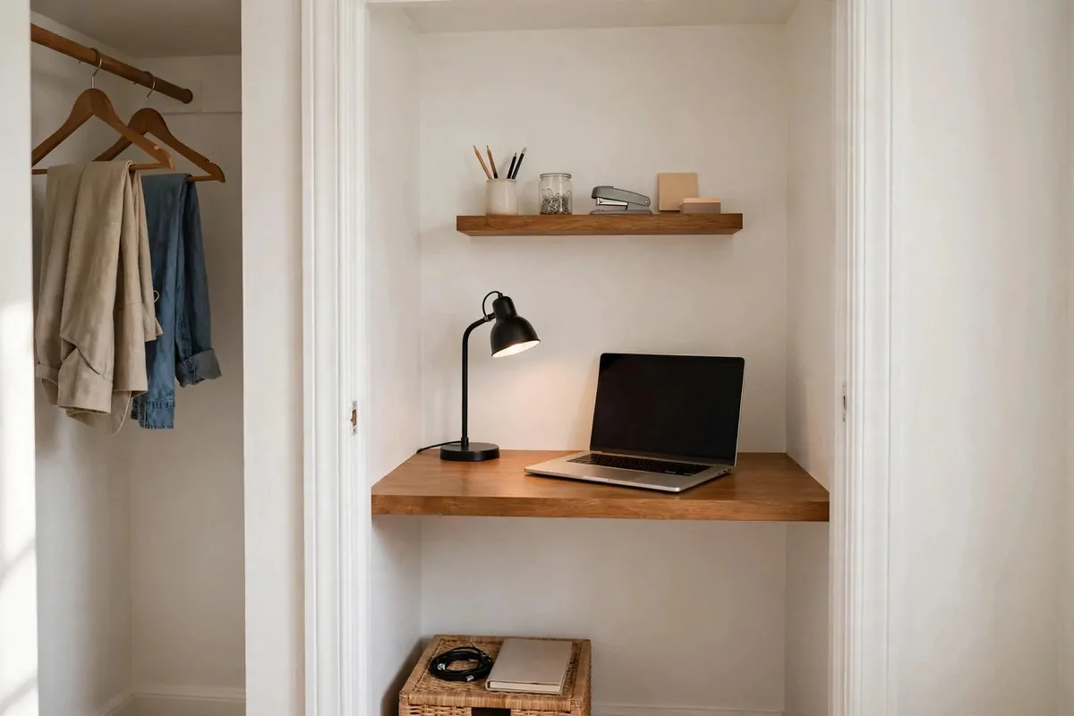 21 Closet Office Ideas That Turn Wasted Space Into a Workspace 1 Reach-in closet office with a floating wood desk, white walls, small shelves, and warm desk lamp