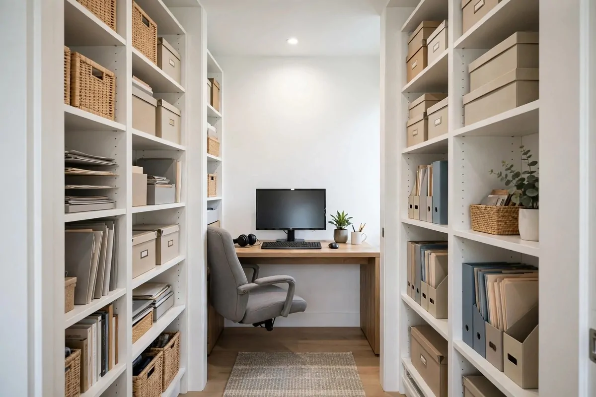 21 Closet Office Ideas That Turn Wasted Space Into a Workspace 2 Walk-in closet turned into a full home office with freestanding desk, office chair, and tall white shelving