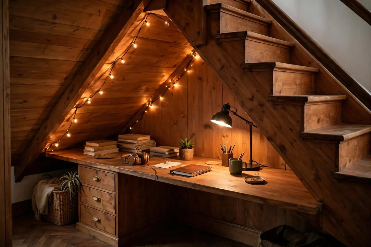 21 Closet Office Ideas That Turn Wasted Space Into a Workspace 3 Cozy office desk fitted under a staircase with sloped ceiling, warm wood tones, and soft lighting