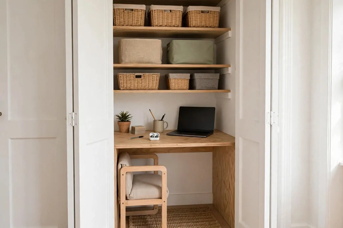 21 Closet Office Ideas That Turn Wasted Space Into a Workspace 4 Home office inside a closet with bifold doors partly open, revealing a neat desk setup