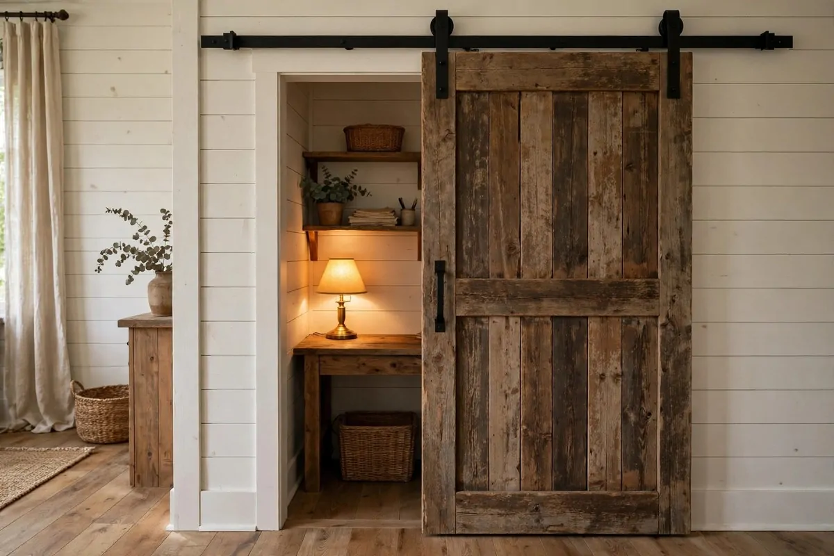 21 Closet Office Ideas That Turn Wasted Space Into a Workspace 5 Rustic sliding barn door partly open revealing a small closet office with wooden desk