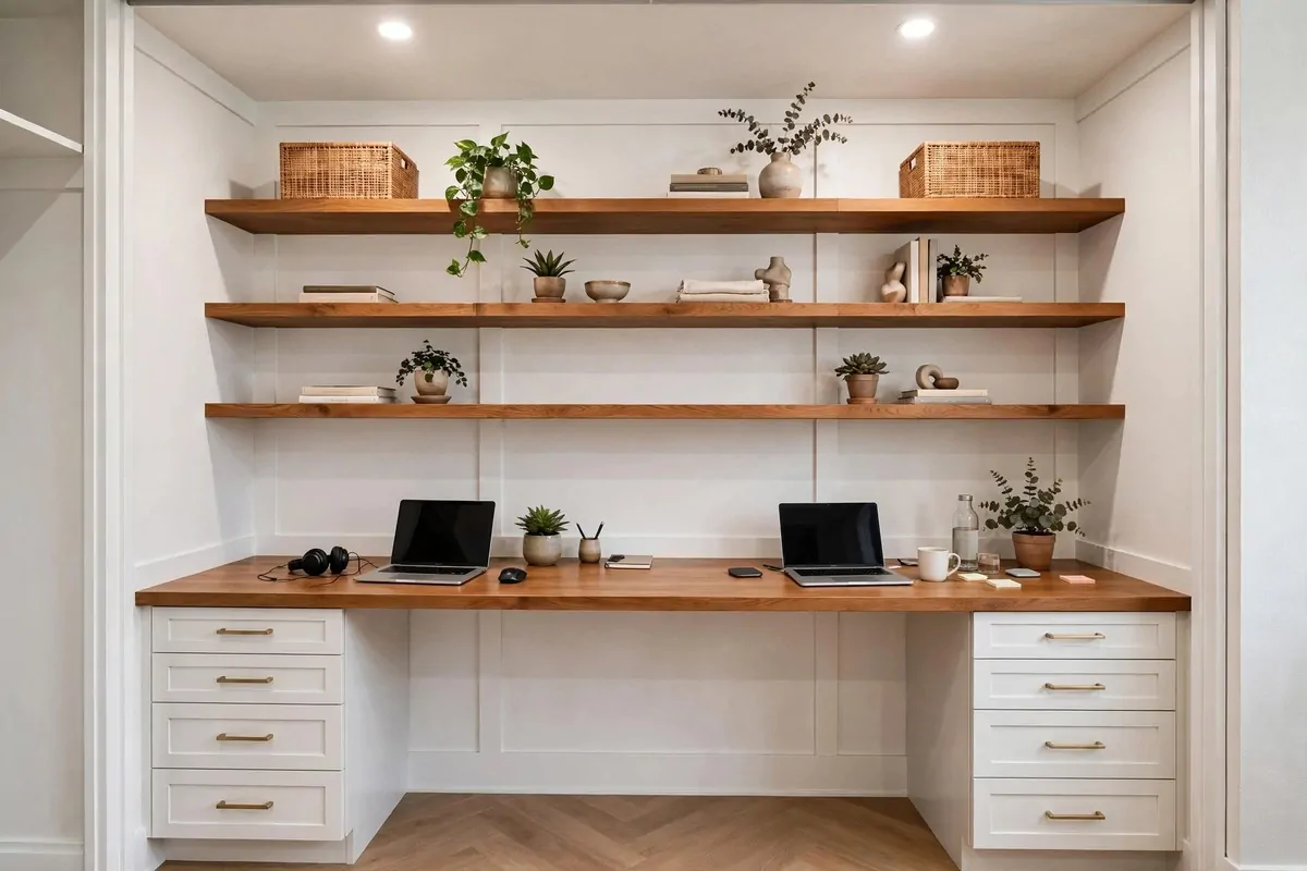 21 Closet Office Ideas That Turn Wasted Space Into a Workspace 6 Wide closet office with a long wooden countertop desk spanning the full width, two workstations