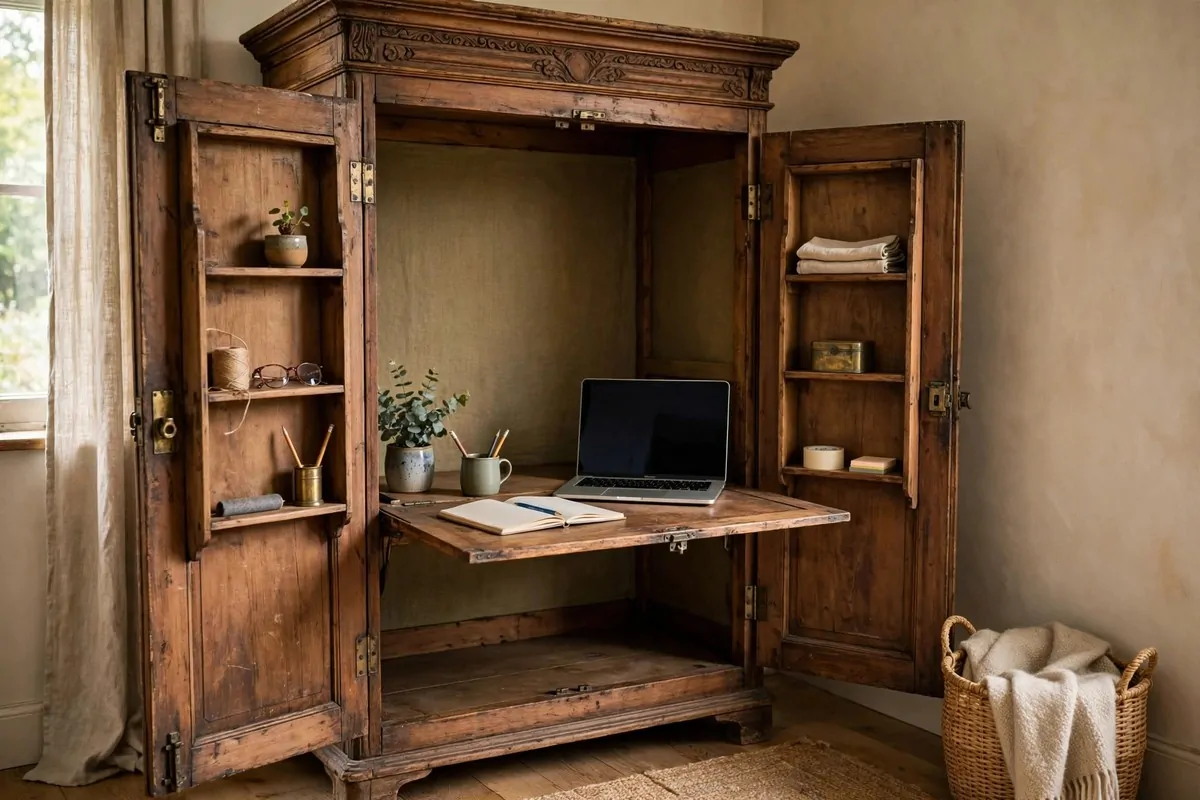 21 Closet Office Ideas That Turn Wasted Space Into a Workspace 7 Wooden armoire wardrobe with fold-down desk surface open, showing a laptop workspace inside