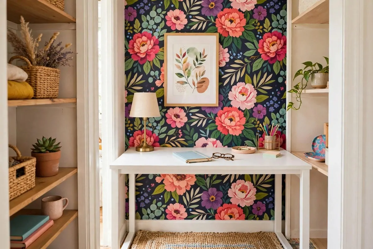 21 Closet Office Ideas That Turn Wasted Space Into a Workspace 8 Closet office with bold floral wallpaper on the back wall behind a simple white desk