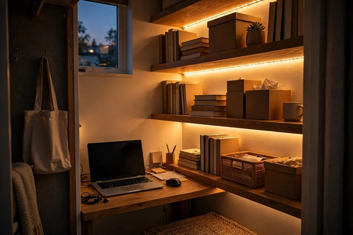 21 Closet Office Ideas That Turn Wasted Space Into a Workspace 9 Closet office at dusk with warm LED strip lights glowing under floating shelves