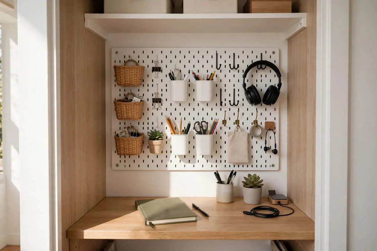 21 Closet Office Ideas That Turn Wasted Space Into a Workspace 10 Closet office with a wooden pegboard wall holding cups, hooks, and small organizers above the desk