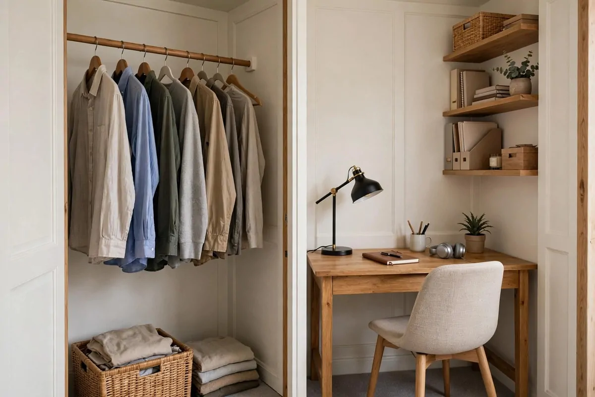 21 Closet Office Ideas That Turn Wasted Space Into a Workspace 11 Closet split in half with hanging clothes on one side and a small desk office on the other