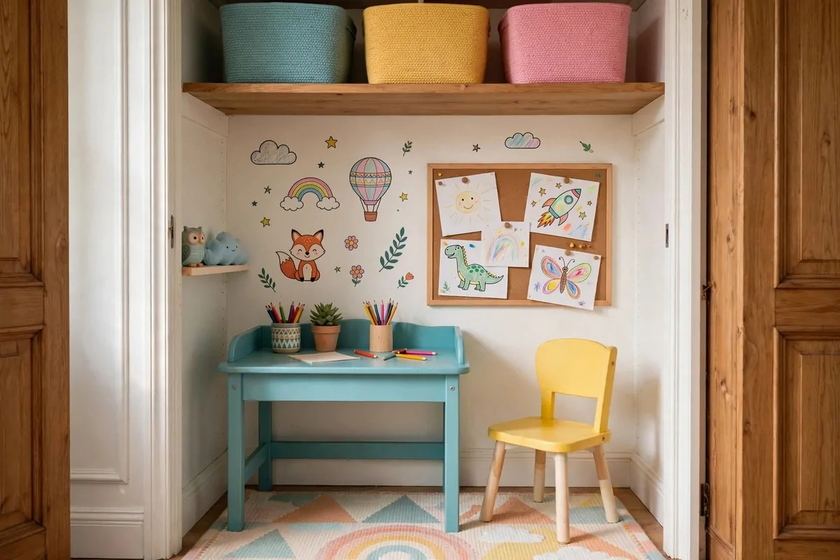 21 Closet Office Ideas That Turn Wasted Space Into a Workspace 12 Small colorful kids study nook inside a closet with tiny desk, cheerful wall art, and storage bins