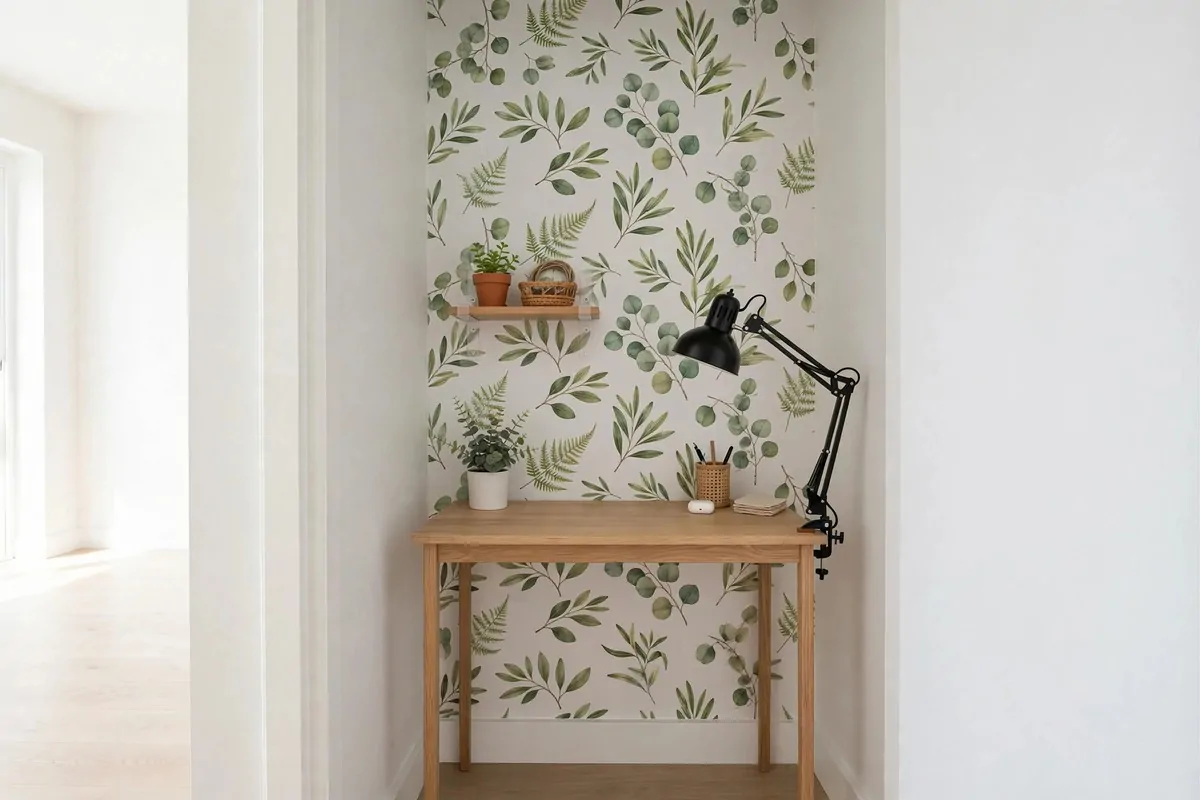 21 Closet Office Ideas That Turn Wasted Space Into a Workspace 13 Renter-friendly closet office with freestanding narrow desk, peel-and-stick wallpaper, and clamp lamp