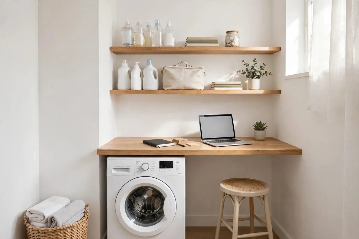 21 Closet Office Ideas That Turn Wasted Space Into a Workspace 14 Small office desk nook beside a washing machine in a bright laundry room