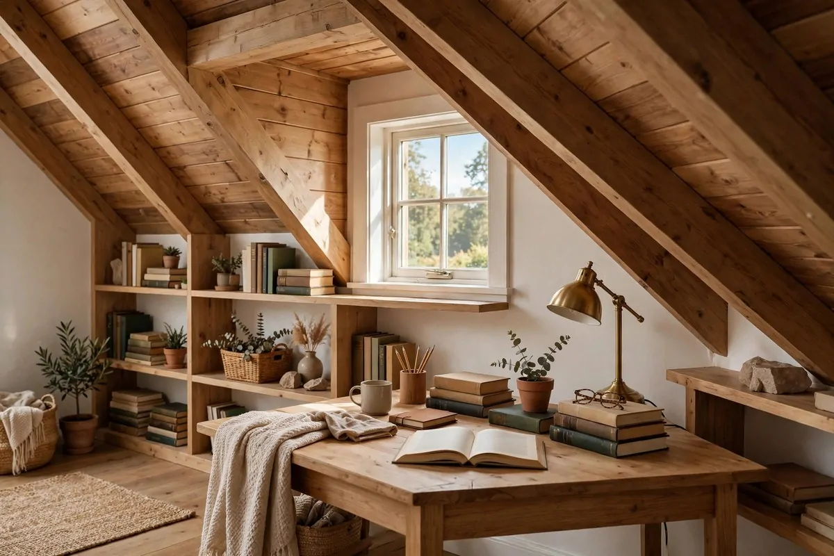 21 Closet Office Ideas That Turn Wasted Space Into a Workspace 15 Desk tucked under a slanted attic ceiling with dormer window light and built-in side shelves