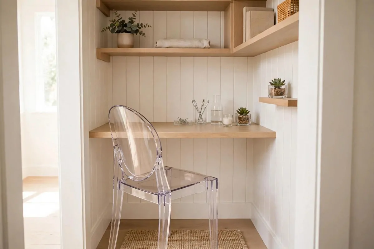 21 Closet Office Ideas That Turn Wasted Space Into a Workspace 16 Tiny closet office with a transparent acrylic chair that makes the small space look bigger