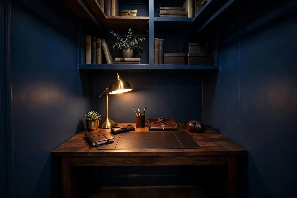 21 Closet Office Ideas That Turn Wasted Space Into a Workspace 17 Moody closet office painted deep navy with brass desk lamp, dark wood desk, and warm lighting