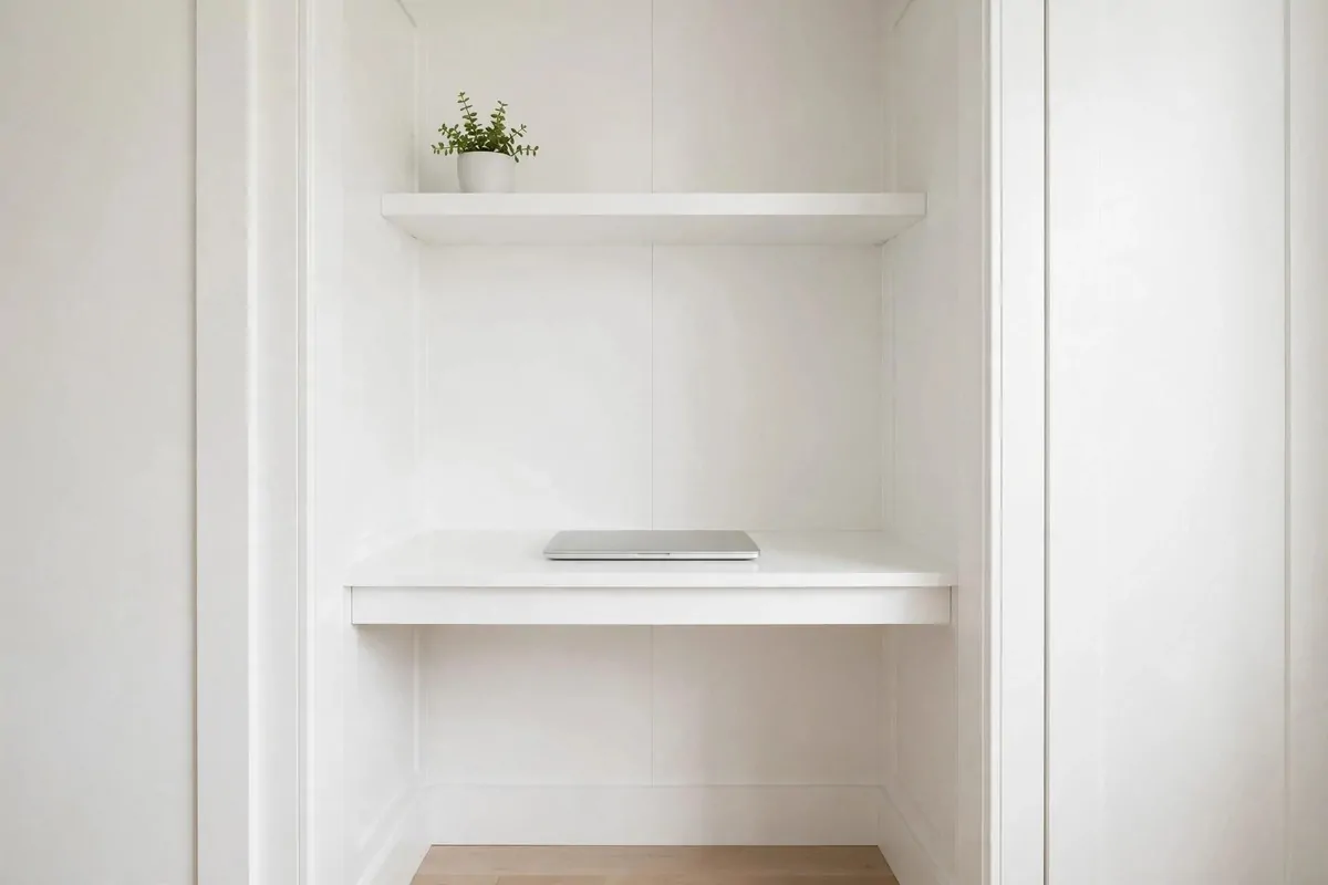 21 Closet Office Ideas That Turn Wasted Space Into a Workspace 18 Minimalist all-white closet office with simple desk, single shelf, and one small plant
