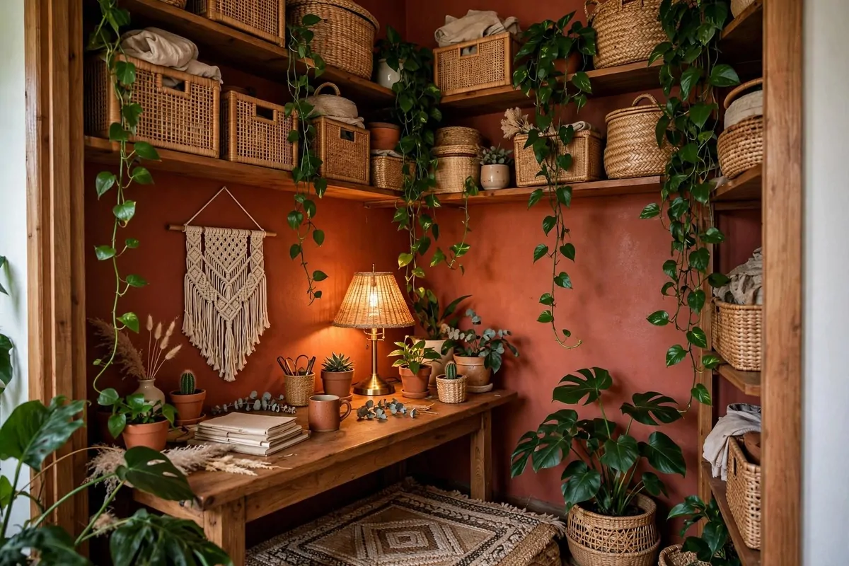 21 Closet Office Ideas That Turn Wasted Space Into a Workspace 19 Boho-style closet office with rattan organizers, hanging plants, patterned wallpaper, and warm textures