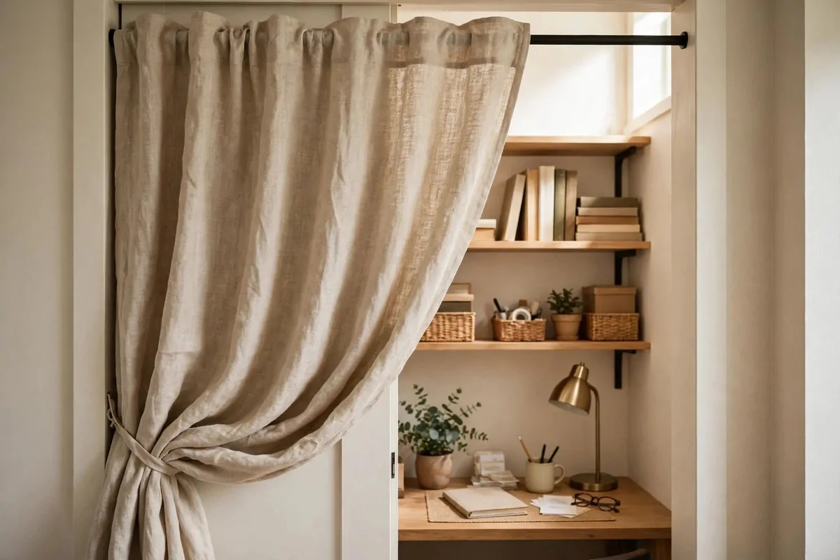 21 Closet Office Ideas That Turn Wasted Space Into a Workspace 20 Closet office with a linen curtain on a tension rod partly drawn across the opening