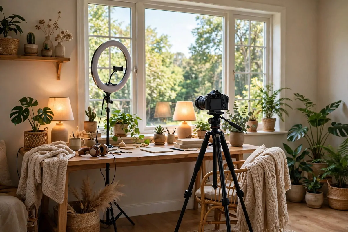 A bright content creation room with a desk facing a large window, a ring light, a camera on a tripod, plants and warm lamps
