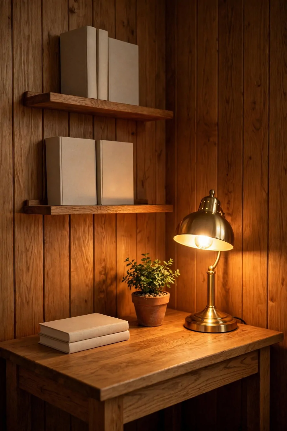 A warm wood corner studio with an oak desk, wooden shelves, a brass lamp and a small plant