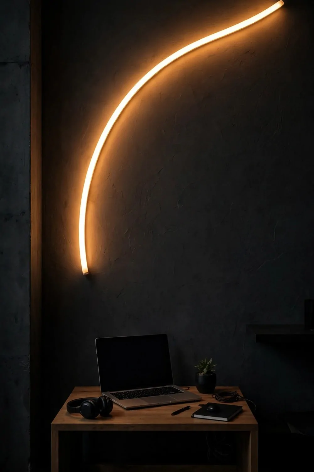A neon accent wall studio with a glowing curved LED tube light on a charcoal wall and a small desk below