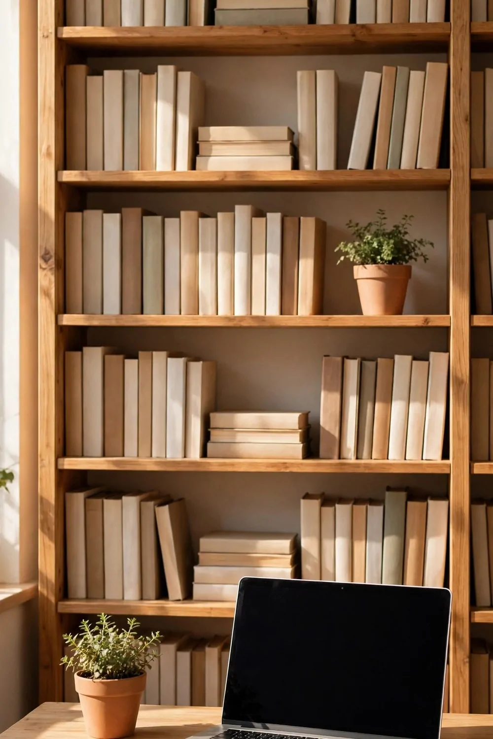 A bookshelf background studio with a tidy wooden bookshelf of books and a plant behind a desk