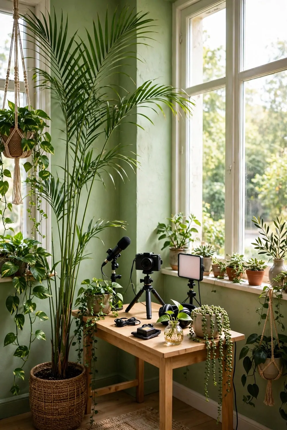 A plant-filled filming corner with a tall palm and trailing plants around a desk by a bright window