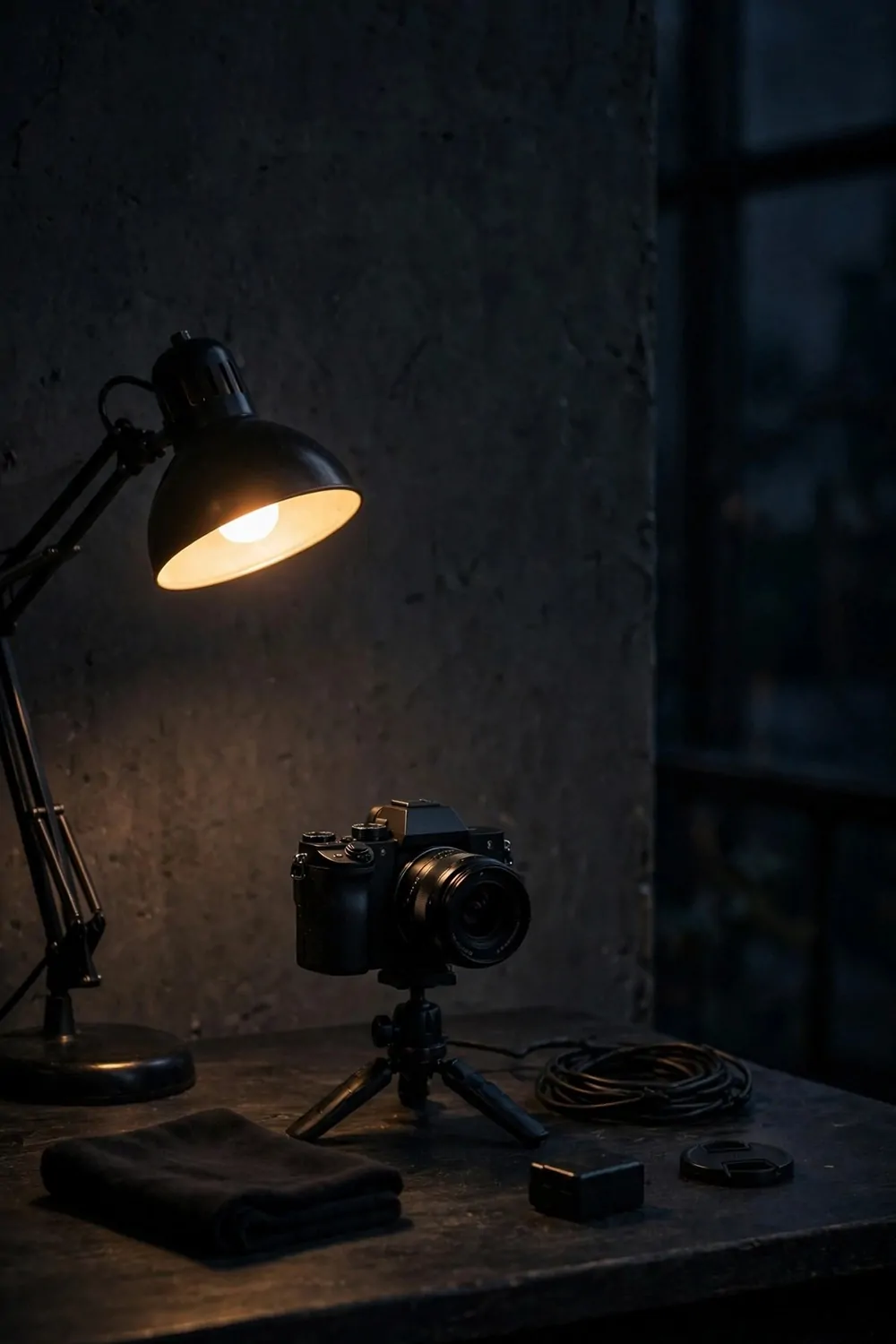 A dark moody filming setup with a charcoal wall, one warm lamp and a dark desk