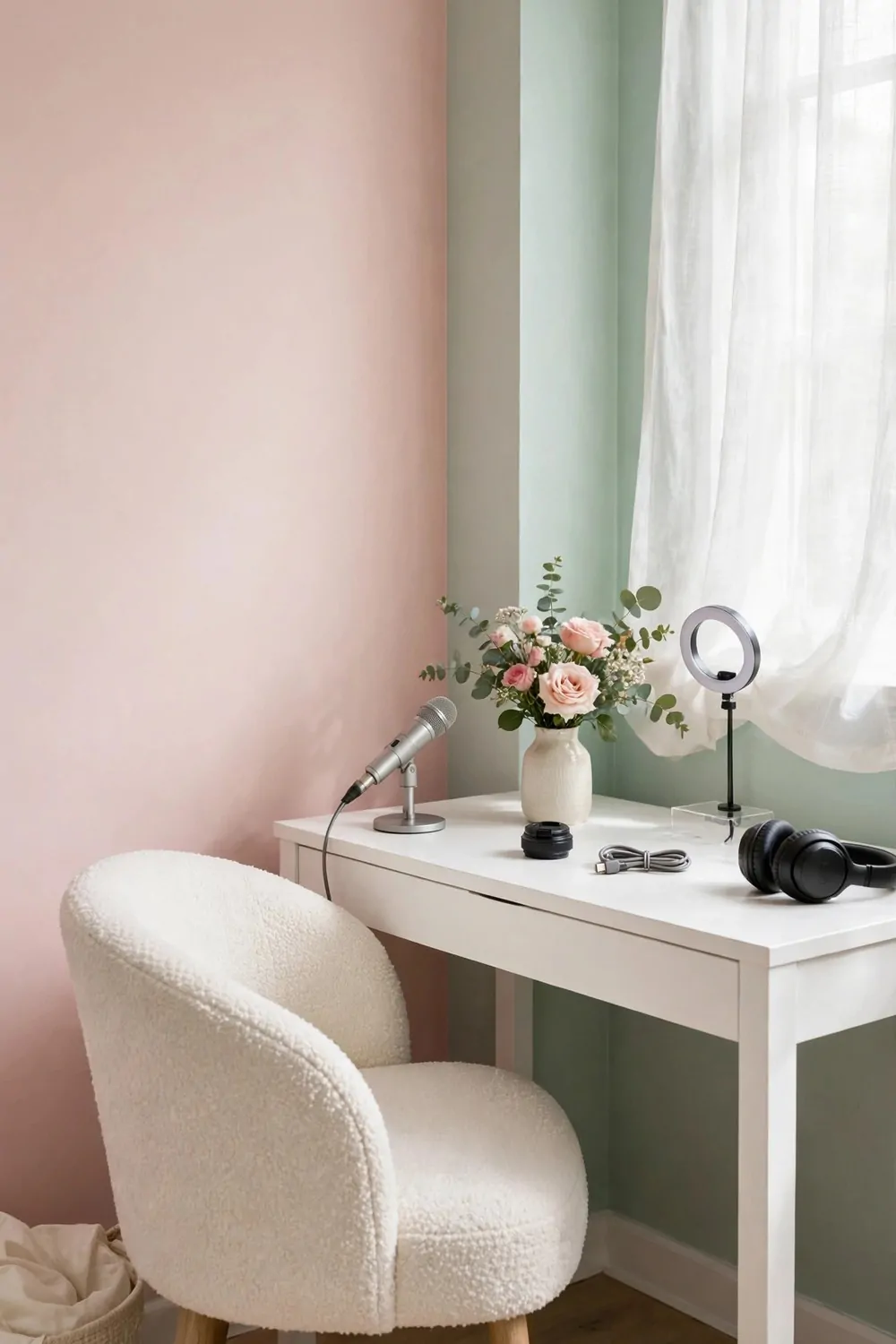 A pastel soft filming corner with blush pink and mint walls, a white desk and a curved chair