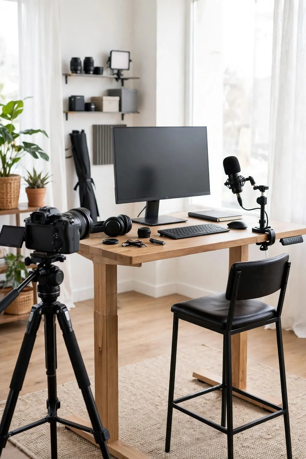 A standing desk filming studio with a tall desk, a stool, a camera at eye level and a rug
