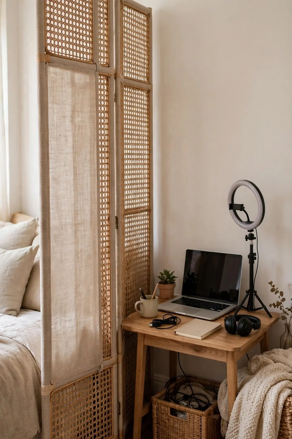 A bedroom filming corner with a folding screen hiding the bed, a tidy wall and a small desk