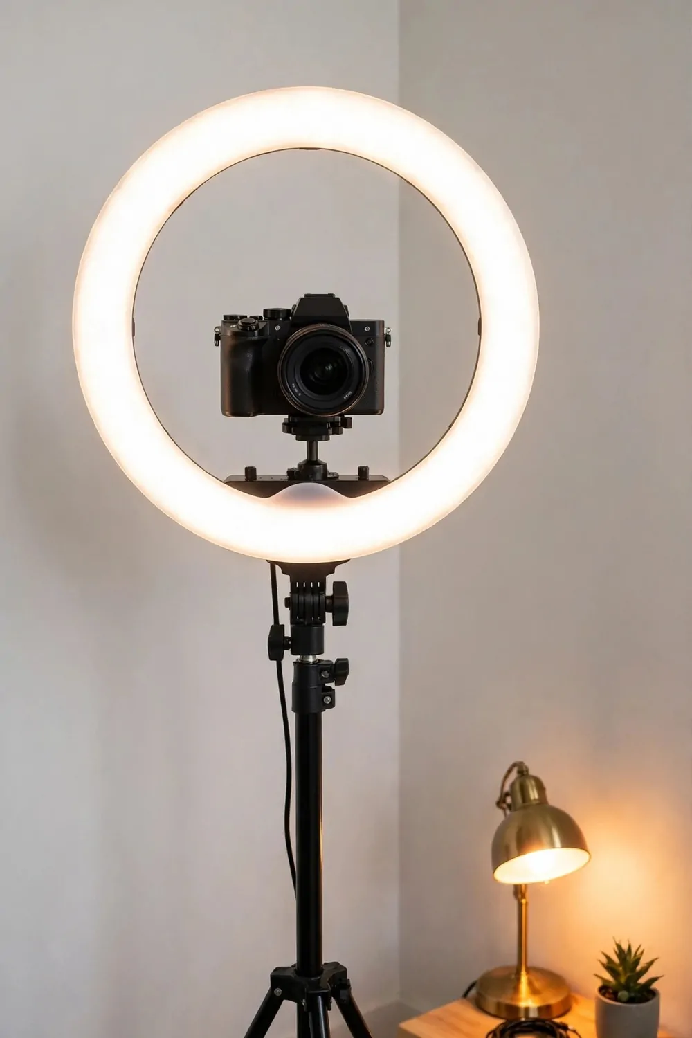 A ring light corner studio with a ring light around a camera, a plain wall and a small lamp