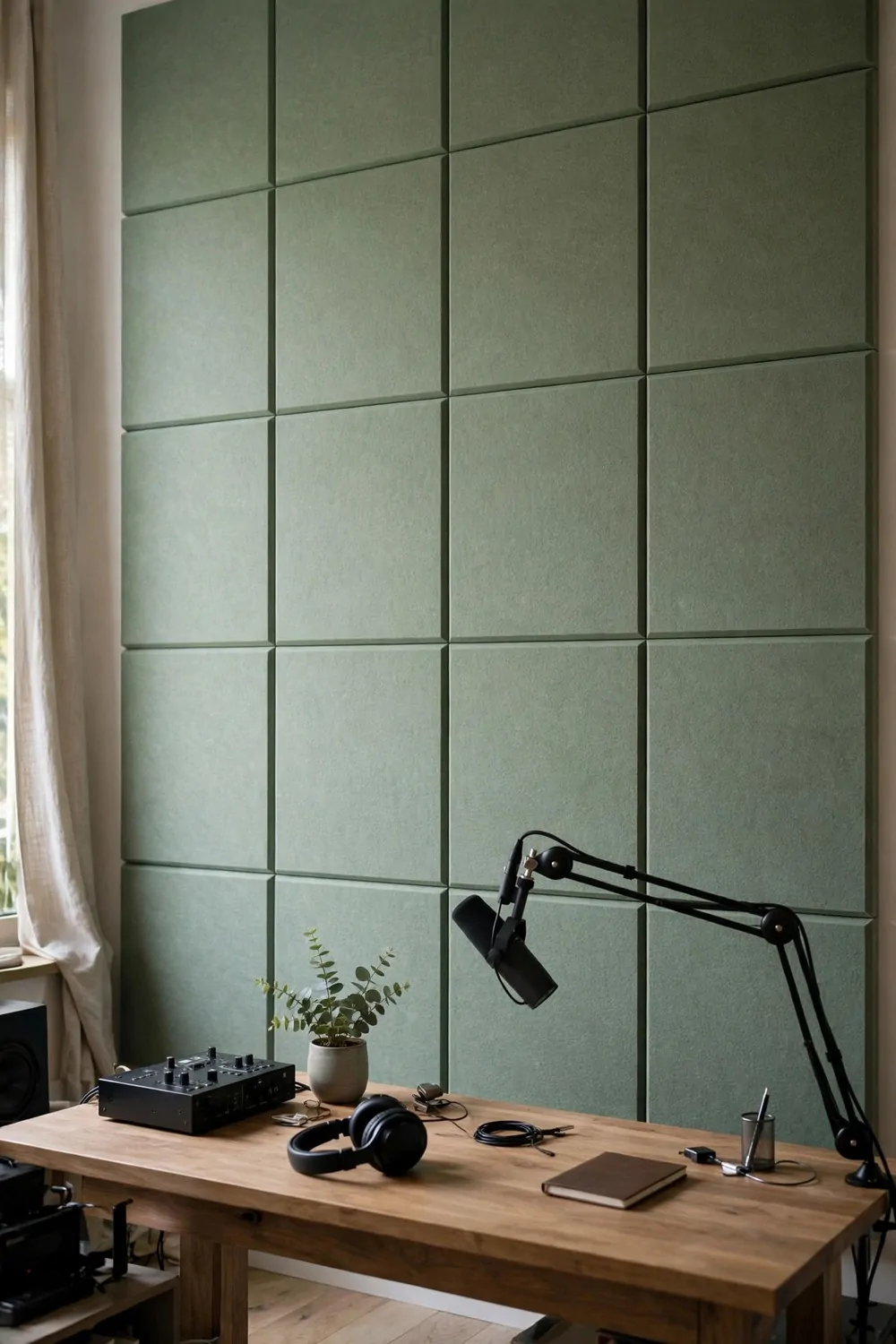 An acoustic panel wall studio with felt panels in a pattern on the wall behind a desk