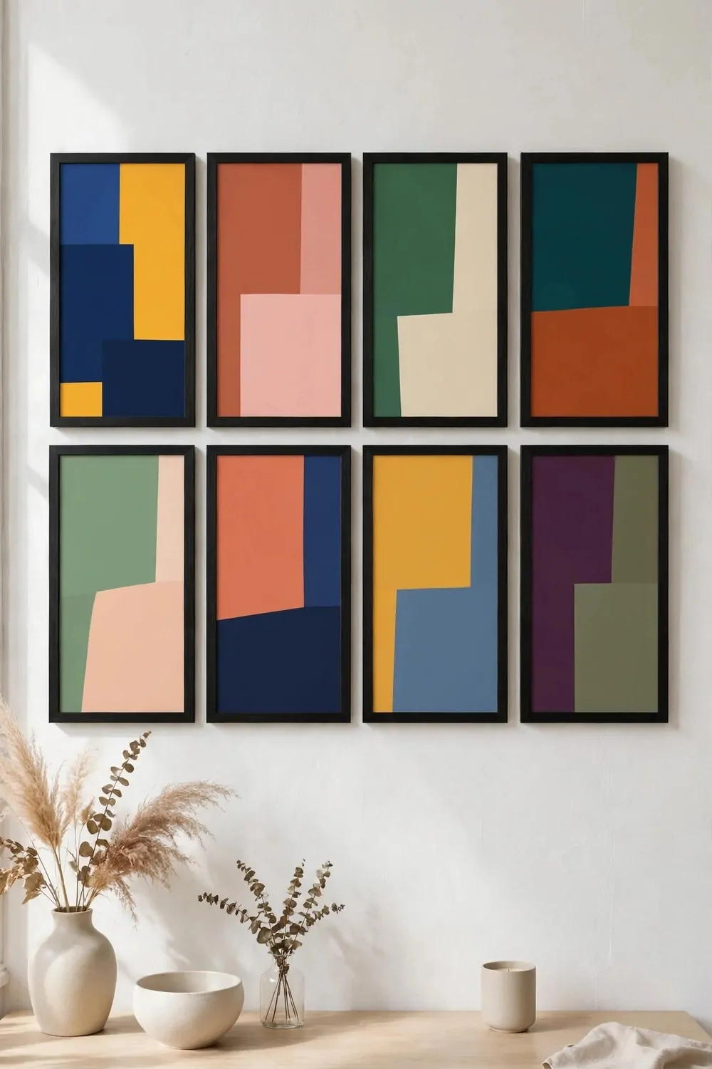 A gallery wall backdrop studio with matching frames holding bold prints above a desk