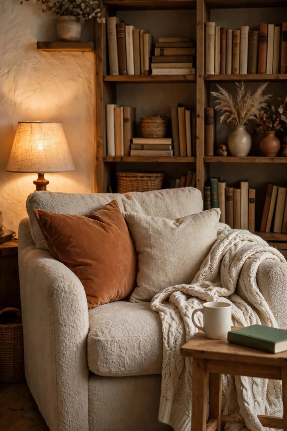 A cozy reading nook filming setup with a deep armchair, a warm lamp and a side table with a mug