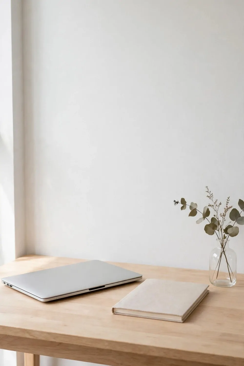 A minimal desk setup with a clear light wood desk, a laptop, one vase and a plain wall